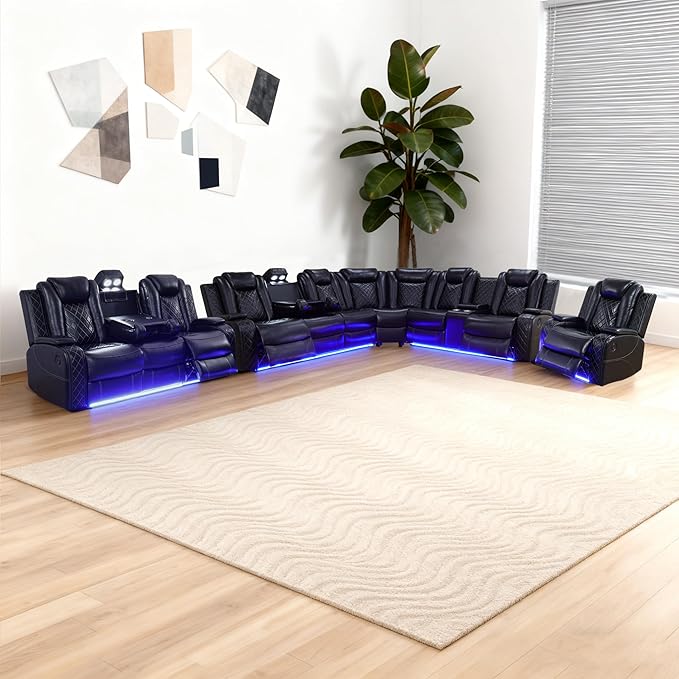 Power Recliner Sectional Sofa Set, Black Leather Sectional Couch Set with 5 Recliners for Living Room, L Shape Reclining Sofa with Cup Holder, Hidden Storage, Coffee Table for House(9 Seat)