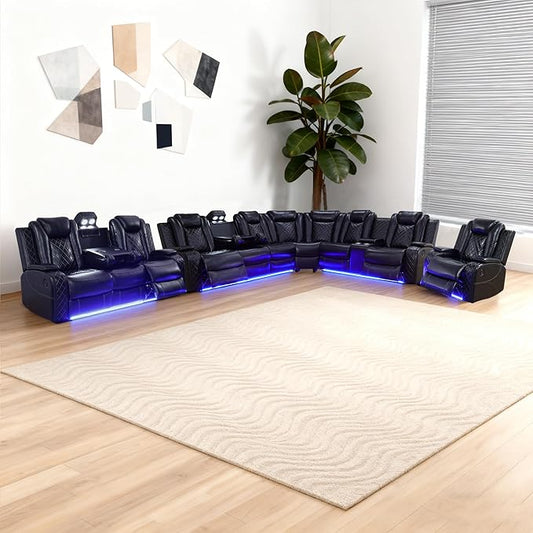 Power Recliner Sectional Sofa Set, Black Leather Sectional Couch Set with 5 Recliners for Living Room, L Shape Reclining Sofa with Cup Holder, Hidden Storage, Coffee Table for House(9 Seat)