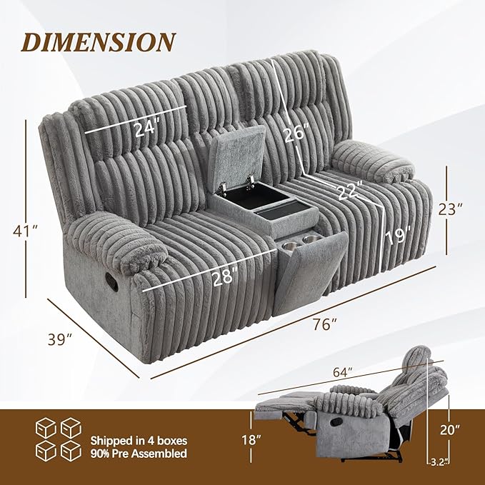 Oversized Reclining Loveseat with Hidden Cup Holders & Wireless Charger, Manual Double Recliner Sofa, Wall Hugger Loveseat Recliner with USB Ports for Living Room (Gray, Loveseat)