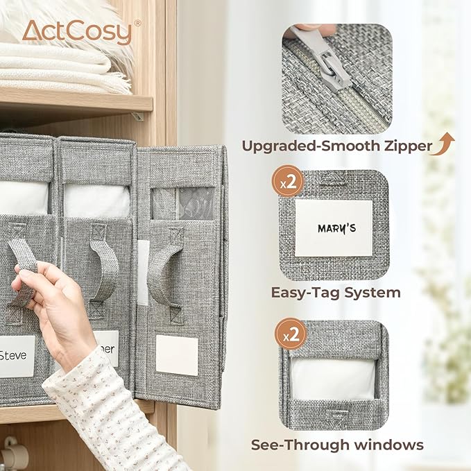 6Pack Sheet Organizers and Storage with Handles – Foldable Linen Closet Storage for King & Queen Sheet Sets – Clear Window & Removable Labels – Dustproof & Space-Saving Design,Grey