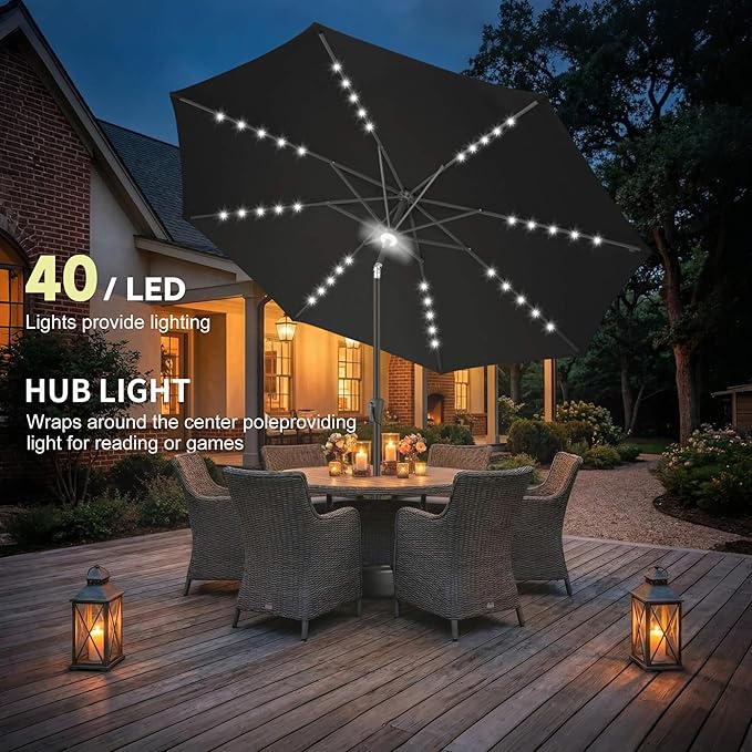 10FT Solar Umbrella Outdoor - Lighted Solar Patio Umbrella with 40 LED Lights Waterprool UV Protection, Table Umbrella with Tilt for Pool, Porch, Garden, Deck, Backyard (Black)