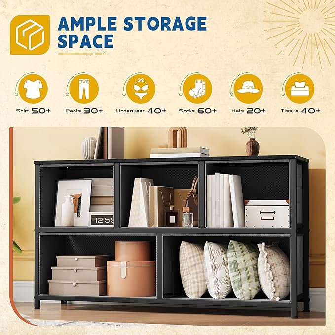 DWVO 5 Dresser for Bedroom, TV Stand, Fabric Tower with 5 Drawers, Black Dresser & Chest of Drawers