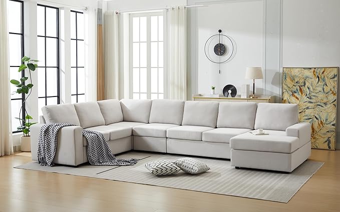 Ball & Cast 147" L-Shaped Sectional Couch for Living Room with Reversible Chaise & Removable Back Cushions,7 Seat Linen Upholstered Convertible Sectional Sofa Set,DIY Combination,for Home,Office,Beige