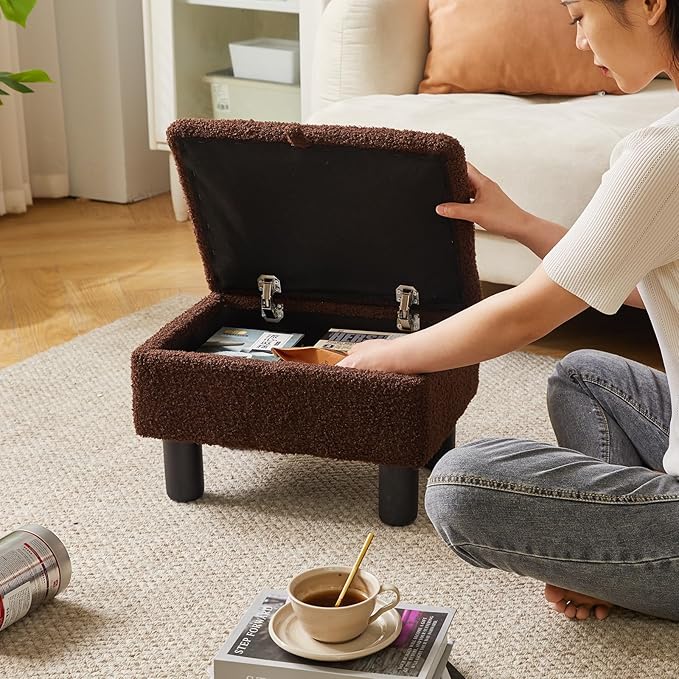 Small Foot Stool Ottoman with Storage, Teddy Velvet Foot Rest with Wood Legs and Safety Hinge Flip Top, Bedside Step Stool Rectangle 16x12x9.5inch for Living Room Bedroom Teddy Brown YD-JD136B