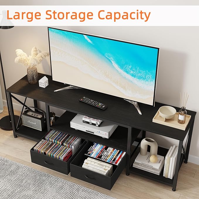 GYIIYUO TV Stand with Fabric Drawers - Entertainment Center and Industrial TV Console Table with Open Storage Shelves for Living Room, Bedroom - 55.1" Black