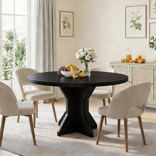 IDEALHOUSE Round Dining Table, 47" Kitchen Table for 4-6 People, Circle Tables with Sturdy Pedestal Base, Space Saving Dinning Room Furniture for Living Room, Kitchen, Apartment, Black