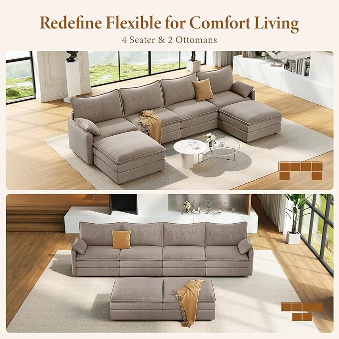 Vesgantti 142" U Shaped Sectional Couch, Comfy Cloud Modular Sectional Sofa with 2 Ottoman Deep Seat Chenille Modern Cloud Sofa, Modular Sofas for Living Room, Bedroom and Apartment, Light Brown | Sink-in Comfort, Height Adjustable, Easy Rearrangement,...