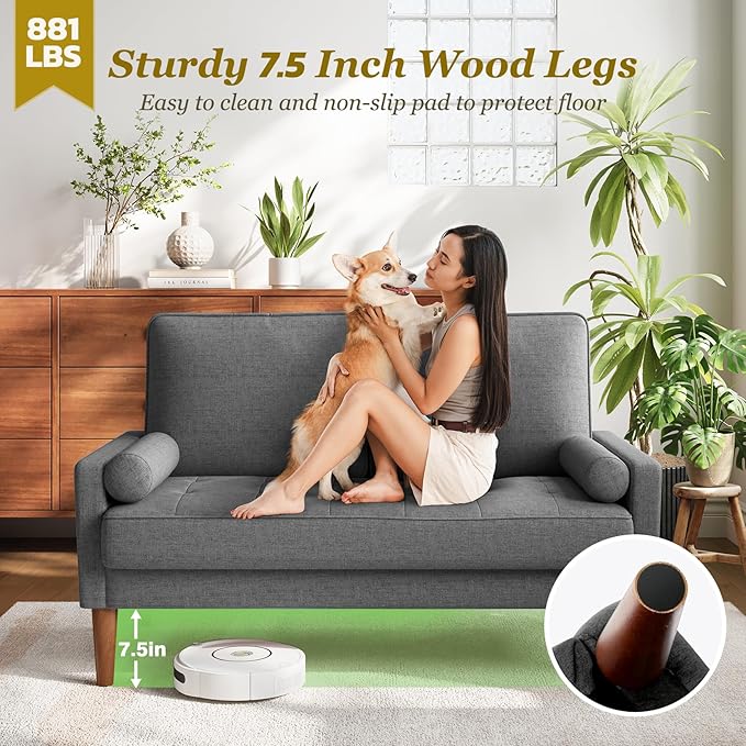 Vesgantti Loveseat Sofa with Solid Wood Legs, 48" Small Couches for Small Spaces, Love Seat for Living Room, Bedroom, Easy Assembly Mid Century Modern Couch with Throw Pillow for Apartment, Grey