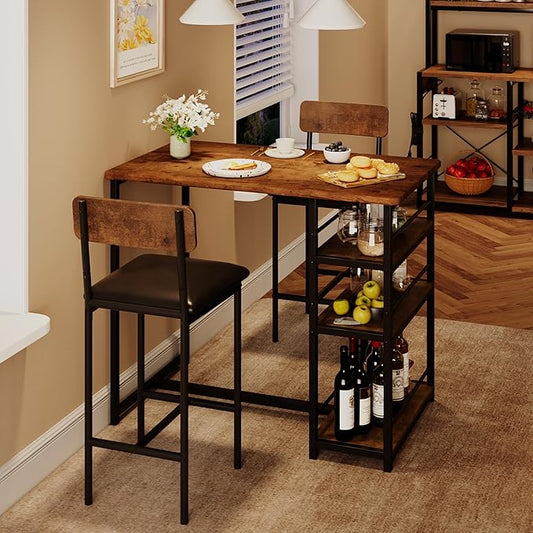 CABIHOME Dining Table Set for 2, Kitchen Table and Upholstered Chairs for 2, 3 Piece Counter Height Bar Table Set with 3 Large Storage Shelves for Small Space, Apartment, Studio, Rustic Brown