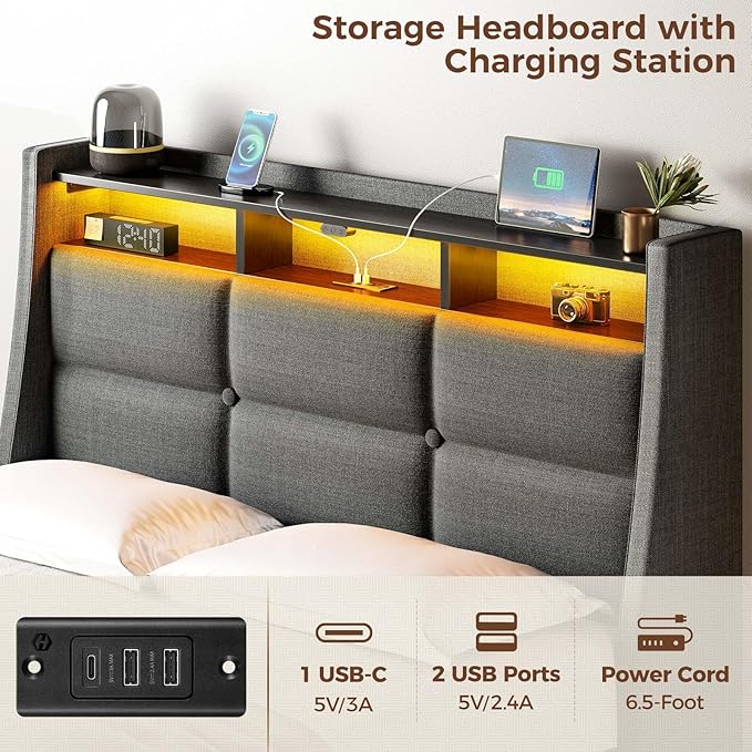 Rolanstar Twin Size Bed Frame with LED Lights and Charging Station, Upholstered Bed Storage Headboard & Drawers, Heavy Duty Wood Slats, Easy Assembly