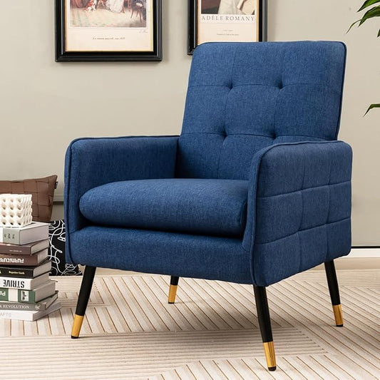 Giantex Modern Mid-Century Accent Chair - Upholstered Armchair with Tufted Back, Metal Legs, Adjustable Foot Pads, Linen Fabric Single Sofa Chair for Reading, Living Room Chair for Bedroom, Blue