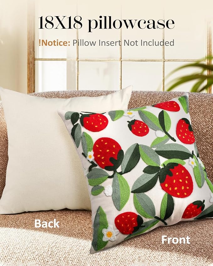 Embroidered Throw Pillow Cover - 18x18 Decorative Pillow Cover with Zipper Aesthetic Cute Design Boho Spring Summer Throw Pillowcase for Living Room Couch Sofa Bed, Leaf Strawberry