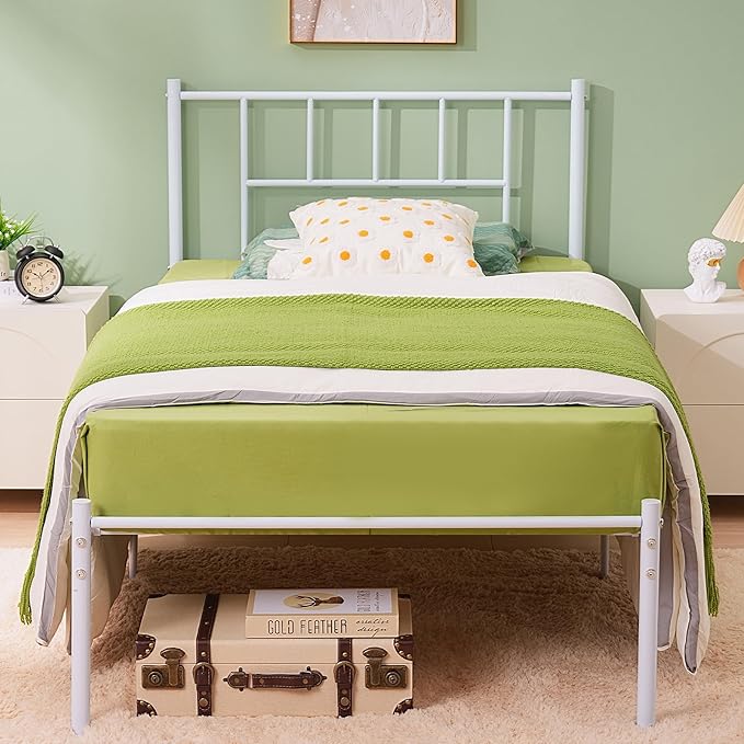 VECELO Twin Metal Platform Bed Frame with Headboard, Heavy Duty Steel Slat Support, Under Bed Storage,No Box Spring Needed, Easy Assembly