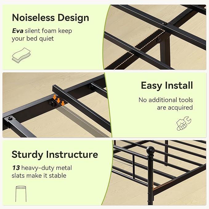 BedsPick Twin Size Metal Platform Bed Frame with Vintage Headboard and Footboard, Sturdy Twin Bed Frame, 12.5 Inch Under Bed Storage, No Box Spring Needed, Easy to Assemble, Noise Free, Black