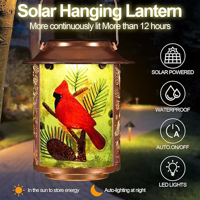 Cardinal Solar Lanterns Outdoor Waterproof,Birthday Gifts for Women Mom Grandma Garden Decor,Hanging Solar Lights Wall Mount Decorations for Yard,Front Porch,Patio,Lawn Pathway Landscape(Pine Tree)