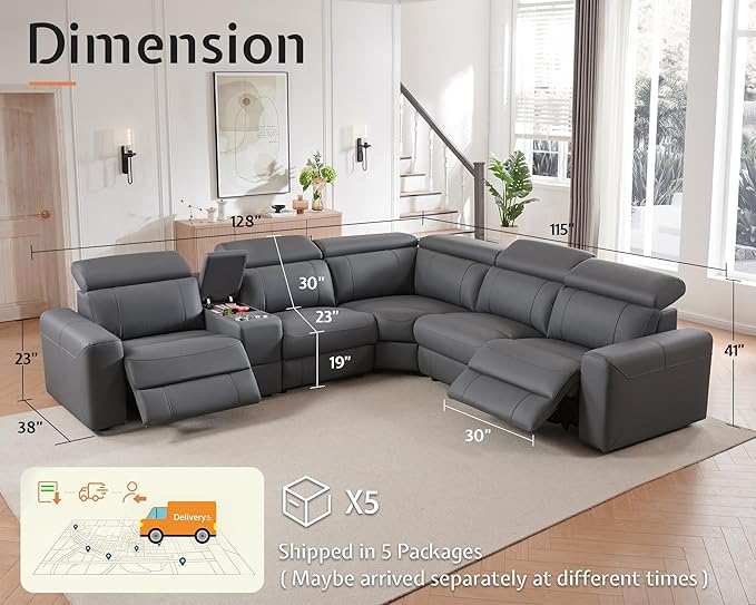 AMERLIFE Power Recliner Sectional Sofa with Storage/USB Port, Leather Recliner Sofa with Adjustable Headrest, Reclining Sectional Couches with Console and Cup Holder for Living Room (Gray, 5-Seater)