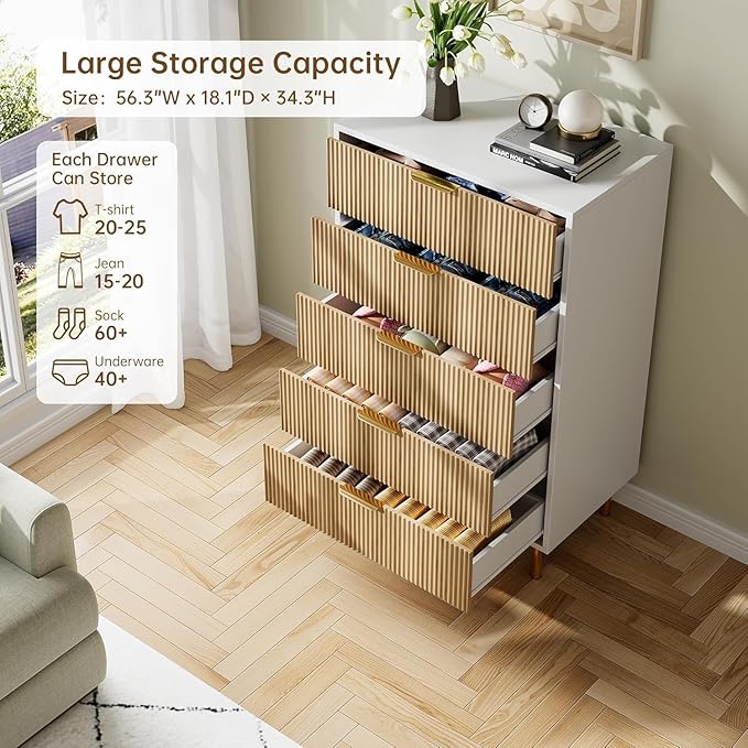 IDEALHOUSE Natural Dresser, Modern 5 Drawer Dresser for Bedroom with Gold Handle and Large Drawer, Wood Double Chest of Drawers and Storage Organizer for Living Room, Hallway, Entryway