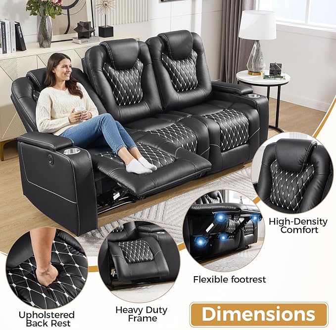 ANJ Power Recliner Sofa Set, Faux Leather Reclining Couch Sets for Living Room, Included 2PC 3 Seat Recliner Sofa with USB Ports and Cup Holders,Hidden Arm Storage, Black