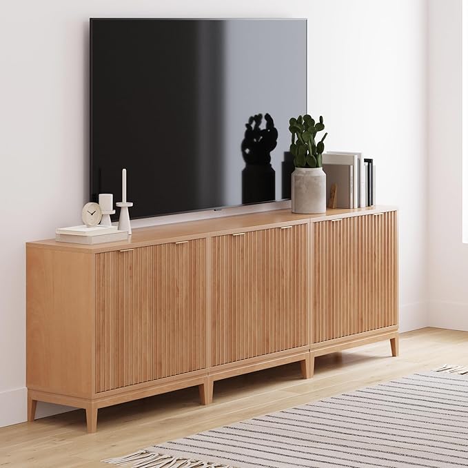 Nathan James Jasper Wood Modern Sideboard Accent Storage Cabinet TV Stand with Fluted Doors, for Kitchen or Living Room, Warm Pine, Set of 3