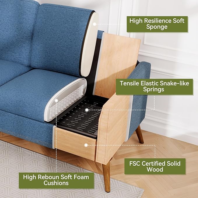 68" Loveseat Sofa, Comfy Blue Linen Couches for Living Room, Mid Century Modern Love Seat Sofa, Tool-Free Setup Small Couches for Bedroom Office