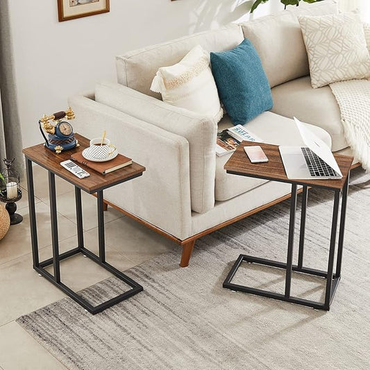 VECELO Universal C-Shaped Side Table, Multi-Functional Snack & TV Tray for Living Room, Bedroom, Brown (2 Set)