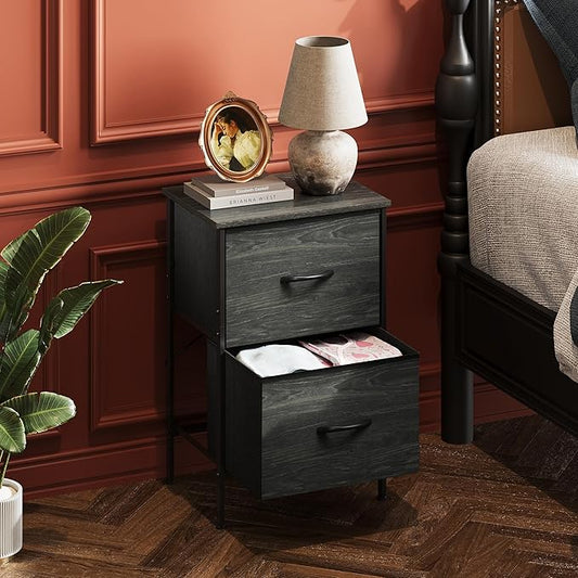 WLIVE Black Night Stand Set of 2, Small Dresser with 2 Drawers & Wooden Top, Nightstand with Fabric Bins, Bedside Table End Table for Bedroom, Closet, Entryway, College Dorm, Charcoal Black