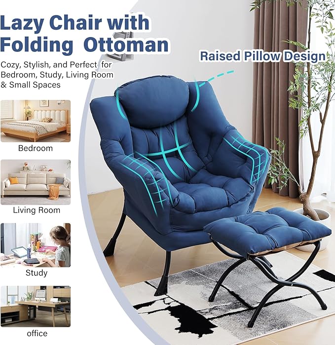 Lazy Chair with Ottoman, Modern Accent Chair with Folding Footrest, Royal Blue Sofa Chair Set, Comfortable Reading Chairs, Oversized Armchairs for Bedroom, Study, Living Room, Courtyard