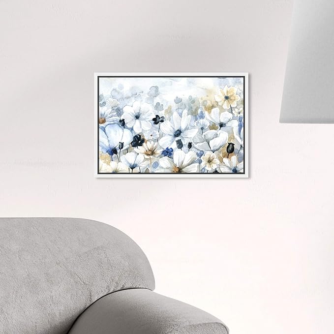 The Oliver Gal Artist Co. Floral and Botanical Wall Art Framed Canvas Prints 'Fields Flowers Home Décor, 15" x 10", Blue, White