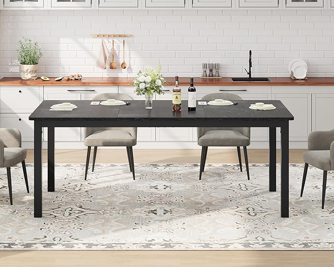 Garvee 70.9 in Dining Table for 6, Farmhouse Wooden Kitchen Tables for Family, Rectangular Industrial Style Dining Room Table with Sturdy Metal Frame, Long Desk for Restaurant, Kitchen, Office,Black