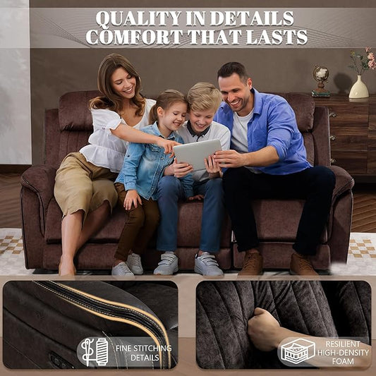Zero Gravity Power Reclining Sofa Set, 3-Seater Reclining Couch with Drop Down Table + 2-Seater Power Loveseat Recliner with Console,Living Room Furniture (Foil Fabric, Brownish Gray)