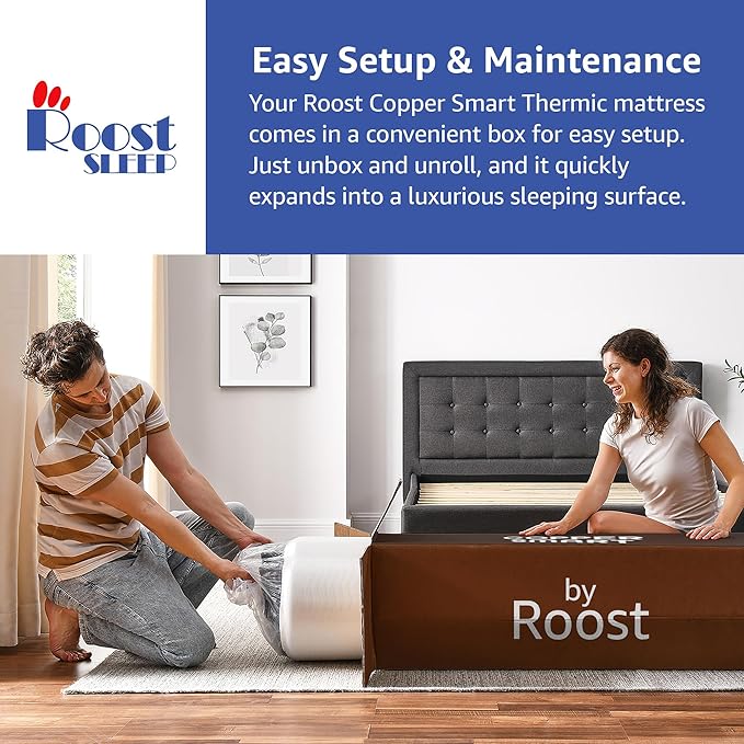 ROOST SLEEP 14-Inch Queen Mattress, Copper Gel Cooling for Hot Sleepers & Back Pain Relief, Medium Firm Hybrid, Made in USA, CertiPUR-US Certified, Bed in a Box