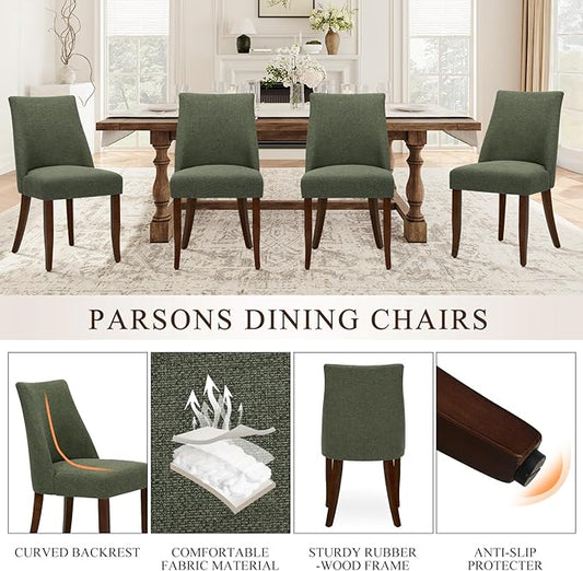 COLAMY Upholstered Dining Chairs Set of 4, Mid Century Modern Kitchen Chairs with Back, Farmhouse Fabric Side Dining Room Chairs with Wood Legs for Dining Room Restaurant, Green
