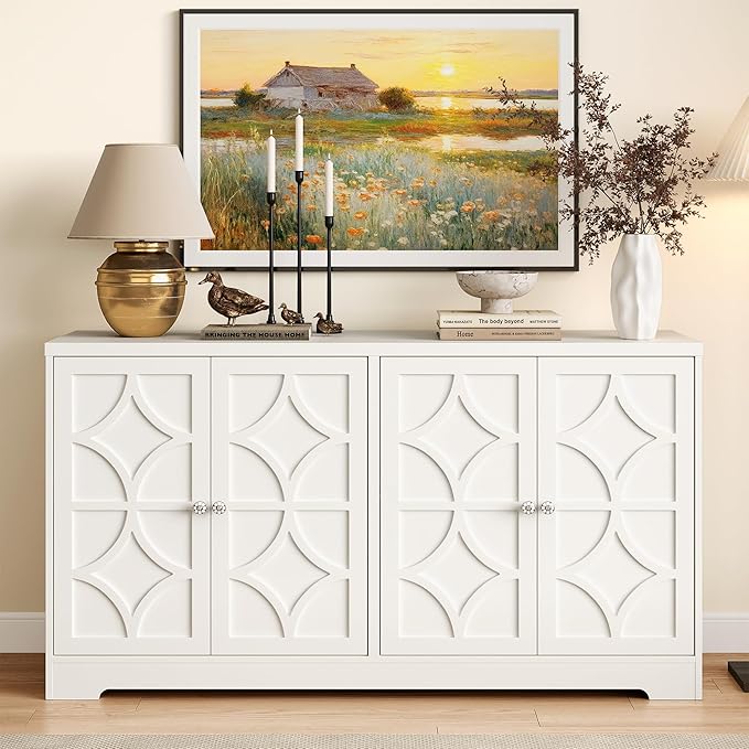 RoyalCraft 56'' Modern Kitchen Buffet Table with 4 Doors and Adjustable Shelves, Sideboard Buffet Cabinet with Storage, Wood Credenza Accent Coffee Bar Cabinet for Entryway, Living Room, Satin White