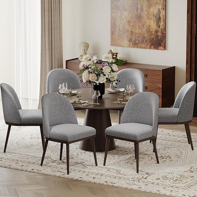 Upholstered Dining Chairs Set of 6, Large Dining Room Kitchen Chairs with High Back and Deep Seat, Modern Fabric Dinner Chairs with Wood Legs, Dark Grey