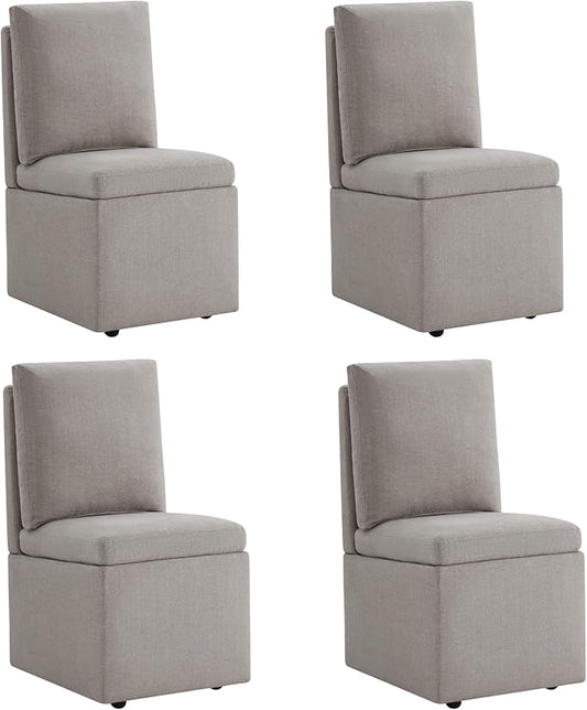 Upholstered Dining Chairs with Casters, Modern Dining Room Chairs Set of 4 with Hidden Storage & 4 Wheels, Single Sofa Chair for Kitchen, Reading Room, Waiting Room, Khaki (2 Box)