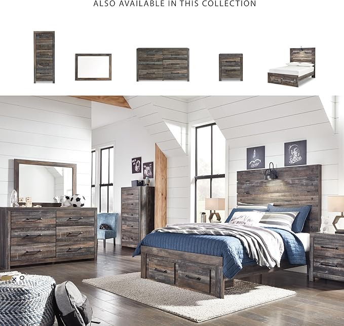 Signature Design by Ashley Drystan Rustic Full Panel Bed with 2 Storage Drawers, Sconce Light and Nailheads, Foundation or Box Spring Needed, Dark Brown & Gray