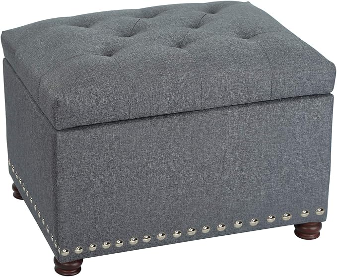 Adeco Classy Linen Blend Fabric Accents Rectangular Storage Bench Ottoman Footstool, Footrest Side Table for Living Room Bedroom, Gray
