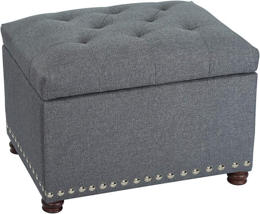 Adeco Classy Linen Blend Fabric Accents Rectangular Storage Bench Ottoman Footstool, Footrest Side Table for Living Room Bedroom, Gray