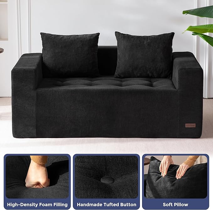 MAXYOYO Modular Sofa Couch, 61" Loveseat Boneless Cloud Couch with Deep Seat, Chenille Upholstered Living Room Sleeper Sofa Chair for Living Room, No Assembly Required, Black