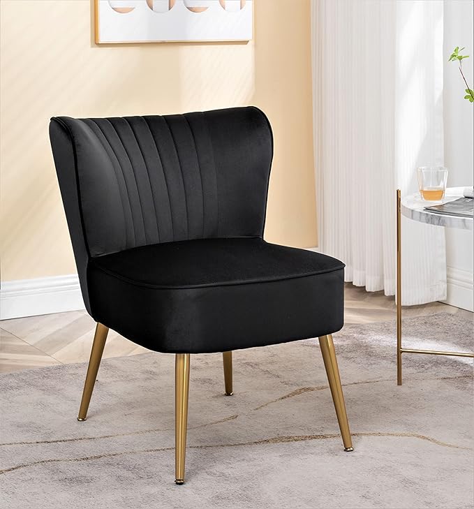 Modern Velvet Accent Chair for Living Room, Bedroom, or Entryway, Stylish and Comfortable Armless Design with Metal Legs, Black
