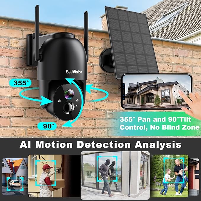 Solar Security Cameras Wireless Outdoor, 2K Battery Powered PTZ WiFi 3MP Security Camera for Home with Spotlight, PIR Motion Detection,Siren, Color Night Vision, 2-Way Talk, SD/Cloud Storage