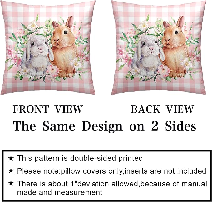 Spring Easter Pillow Covers 20x20 Pack of 2 Lovely Rabbit with Lily Flower Throw Pillow Covers Pink Plaid Bunny Pillow Case for Spring Easter Decoration Sofa Patio Garden