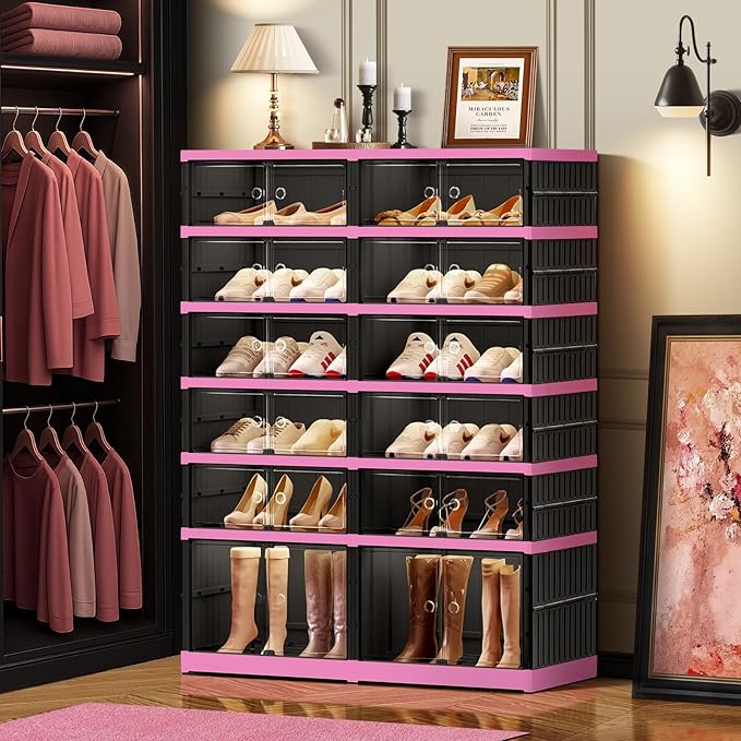 6-Tier Foldable Shoe Rack Organizer for Closet,24 Pairs Collapsible Plastic Shoe Shelf,Large Shoes Cabinet with Door,Clear Stackable Storage Box Easy Assembly（Black-Pink）