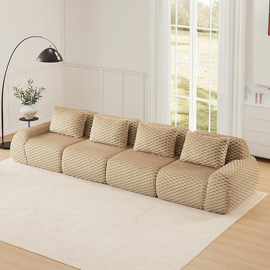 KEIKI 146" Oversized 4-Seater Boneless Couches for Living Room, Extra Deep Modular Sectional Velvet Sofa, Cloud Seating No Assembly Lounge Couch for Family Use, Modern Comfort Design, Light Camel