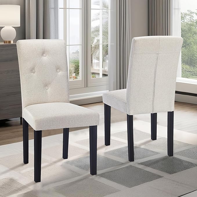 VECELO Upholstered Dining Chairs Set of 2, Modern Fabric and Solid Wood Legs & High Back for Kitchen/Living Room- Beige