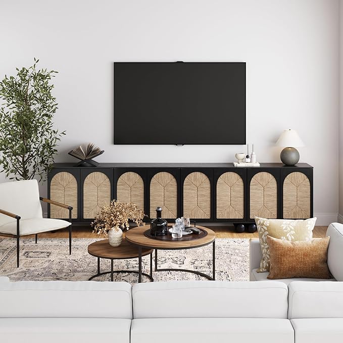 Nathan James Leah Boho TV Stand or Sideboard Cabinet for Kitchen or Living Room with Ball-Style Feet, Natural Seagrass Door Fronts and Solid Wood Legs, Black Set of 4
