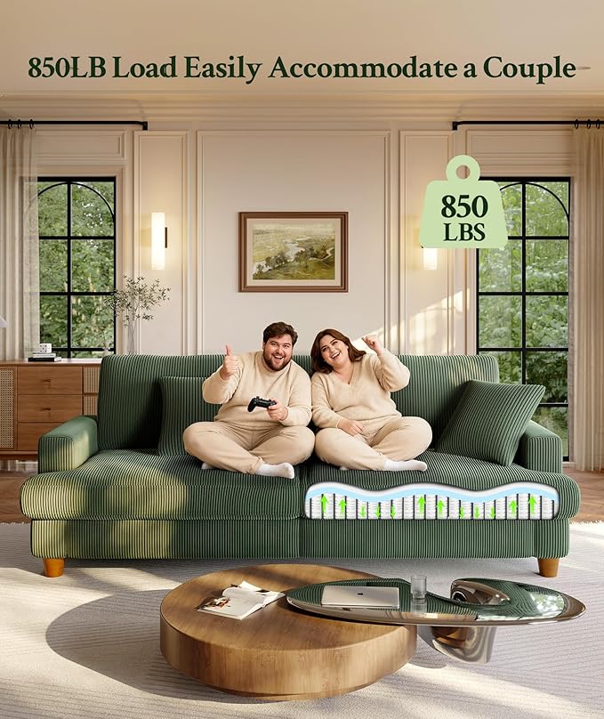 Welzona 87.2" Couches for Living Room, Comfy L Shaped Couch Green 7.5" Thicker Cushion, Sofas for Living Room Tool-Free Setup, Loveseat with Ottoman 848lbs Support, Corduroy Couch for Bedroom, Office
