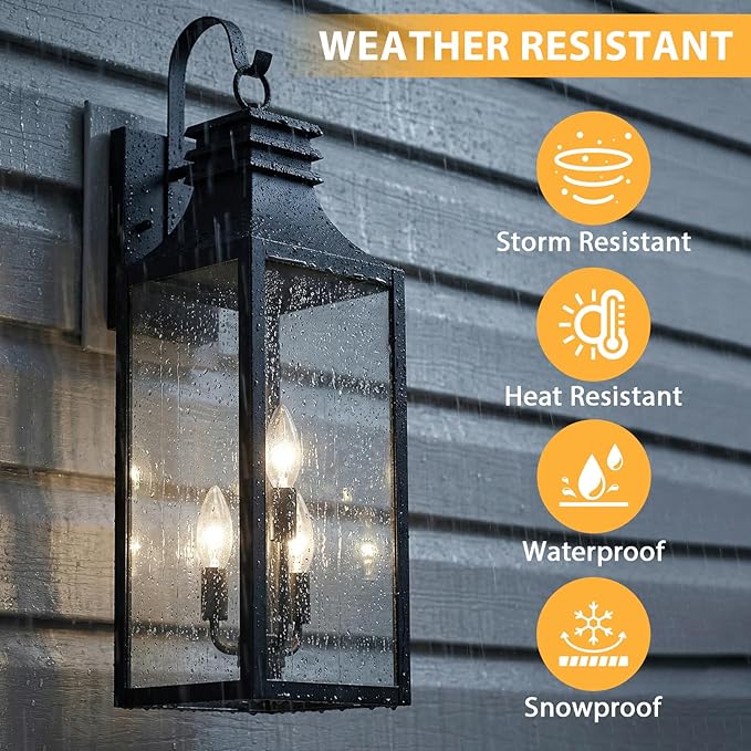 28" Large Outdoor Wall Lights 2 Pack, 3-Light Black Exterior Sconces with Clear Glass, Extra Tall Waterproof Porch Lanterns, Aluminum Alloy Fixtures for Front Door Garage, E12 Socket