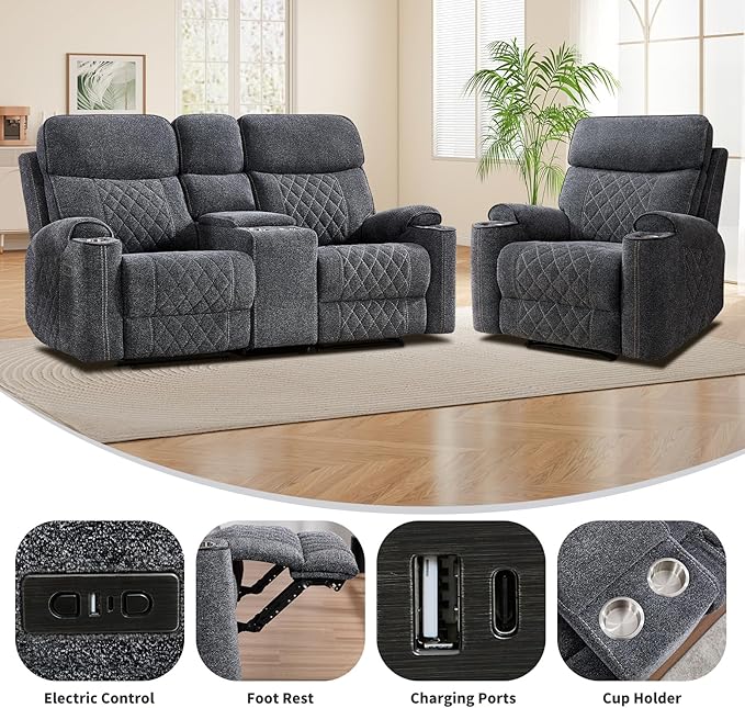 EBELLO Power Reclining Sofa Set, Fabric Electric Recliner Chair and Loveseat Sofa with Cup Holders, USB and Type-C Charging Ports and Storage Space, 3 Seats for Small Living Room, Grey