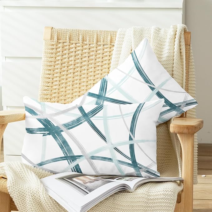 CaliTime Throw Pillow Cases Pack of 2 Cozy Fleece Arc-Shaped Abstract Geometric Lines Decorative Cushion Covers for Couch Bed Sofa Farmhouse Decoration 12 X 20 Inches Teal Turquoise Grey